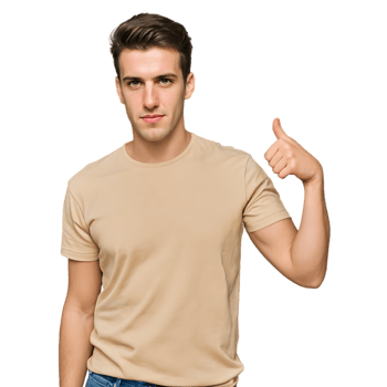 A man in a tan t - shirt is giving the thumbs up png