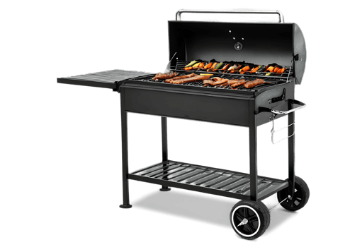 A barbecue grill with a grill on top and a cart png