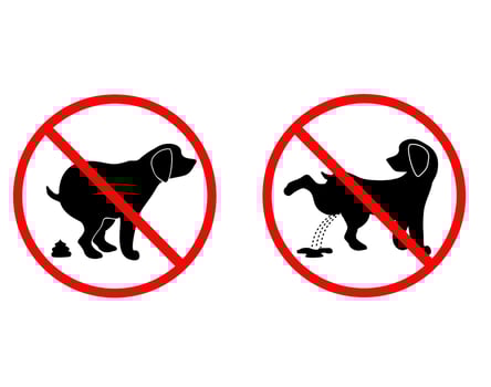 No dog poop sign and No pissing dog sign. Shitting is not allowed. Information circular sign for dog owners vector