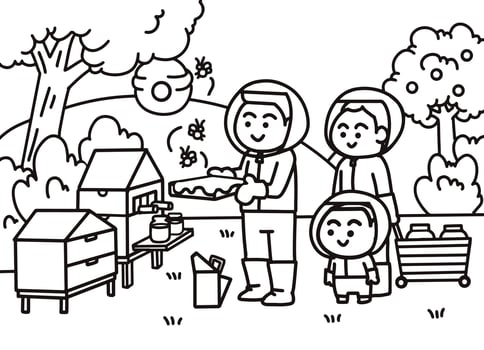 Family is collecting honey on a farm. vector