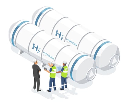 Investors and Engineers Discussing Hydrogen Storage Tanks as a Clean Energy Investment Opportunity vector