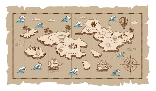 Vintage treasure map illustration with a compass, ships. vector