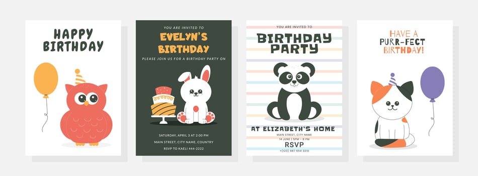 Happy birthday posters set with cute little rabbit, panda, cat, owl, balloon, cake, hat. Birthday party illustration for greeting card, invitation, banner and more vector