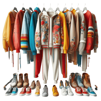 a bunch of colorful jackets and shoes on a hanger png