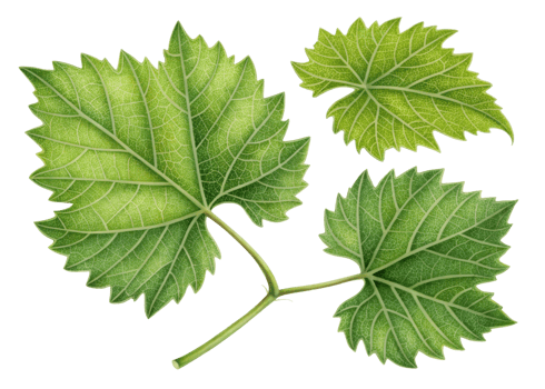 Grape leaf with detailed veins and vibrant green color showing natural texture and fresh appearance in botanical style illustration png