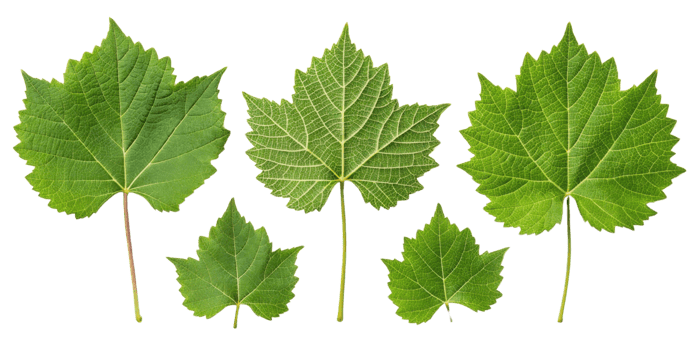 Green grape leaf collection with detailed veins and natural texture isolated on transparency background showing fresh grape leaf shapes png