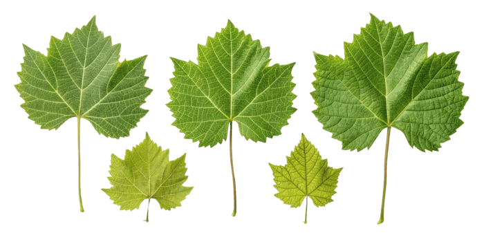 Grape leaf collection showing various sizes and textures of green leaves with detailed veins and natural beauty in fresh arrangement png