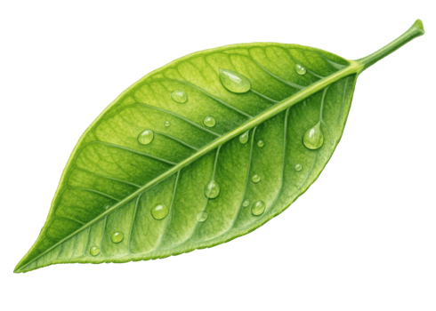 Fresh green leaf with water droplets on surface creating refreshing natural look with lemon freshness and vibrant leaf texture png