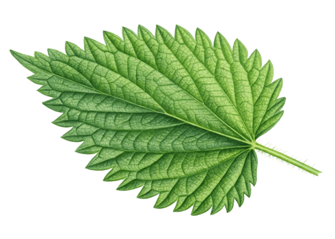Close up of green nettle leaf showing detailed veins and serrated edges with fresh natural texture and vibrant color png