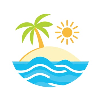 Colorful tropical island design featuring palm tree sun and blue ocean waves ideal for summer beach travel vacation relaxation adventure nature scenery and outdoor themes vector