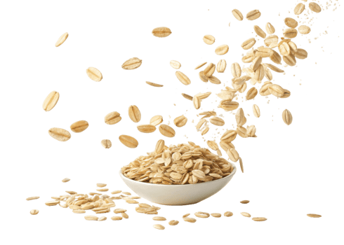 Instant oat flakes in white bowl with oat grains flying and scattered around on cutout background creating fresh and natural feeling png