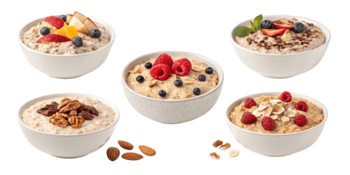 Instant oat bowls with cutout background feature fresh berries nuts and seeds for healthy breakfast option full of flavor and nutrition png
