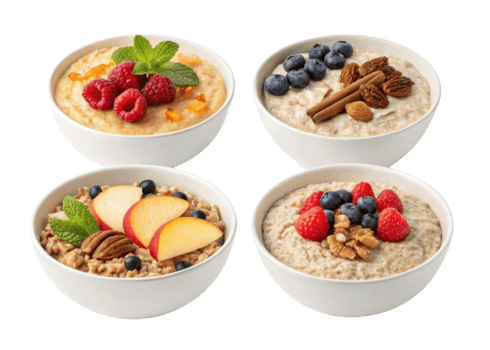 Instant oat bowls with cutout background topped with fresh raspberries, blueberries, nuts, cinnamon, peach slices, and mint leaves for healthy png