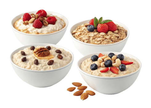 Instant oat bowls with cutout background show healthy breakfast options topped with fresh berries nuts and seeds for nutritious start png