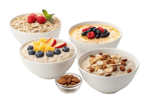 Instant oat bowls with cutout background feature fresh berries nuts and fruit toppings for healthy breakfast or snack option full of flavor png