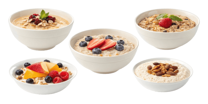 Instant oat bowls with cutout background show healthy breakfast options topped with fresh fruit nuts and berries in white ceramic bowls png