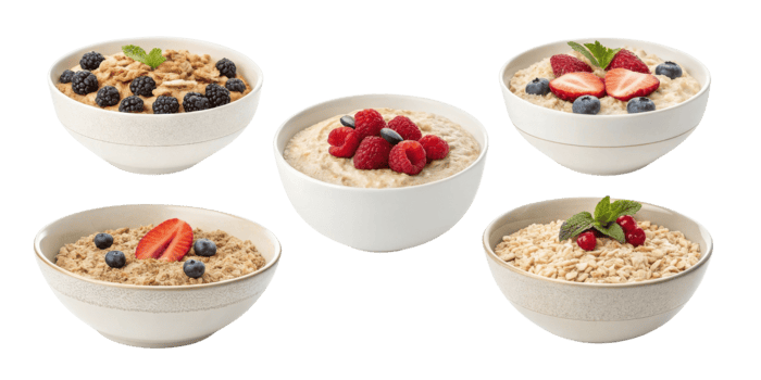 Instant oat bowls with cutout backgrounds feature fresh berries and nuts for healthy breakfast option full of vibrant colors and natural textures png