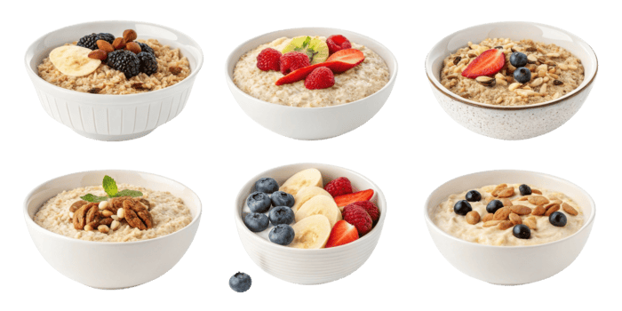 Instant oat bowls with cutout background feature fresh fruit and nuts for healthy breakfast or snack option full of natural flavors and textures png