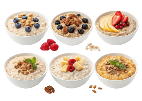 Instant oat bowls with cutout background show healthy breakfast options topped with fresh fruit nuts and granola for nutritious start to day png