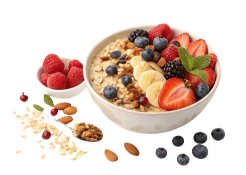 Instant oat bowl with cutout fresh berries banana and nuts for healthy breakfast full of vibrant colors and natural ingredients png