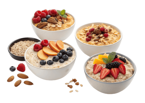 Instant oat bowls with fresh fruit and nuts cutout on transparency background showing healthy breakfast options png
