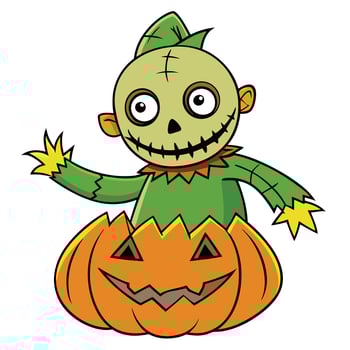 Cartoon scarecrow character inside smiling pumpkin halloween holiday illustration vector