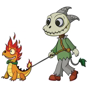 Cartoon zombie walking a fire dragon halloween illustration vector