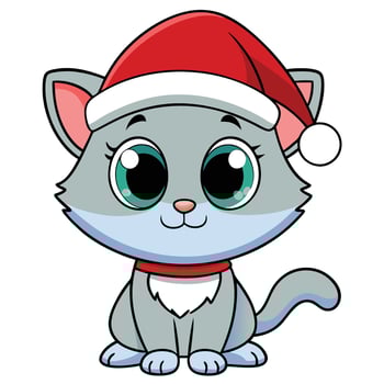 Cute christmas kitten illustration with santa hat and big eyes vector