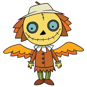 Cartoon halloween scarecrow illustration with straw hat and friendly smiling expression vector