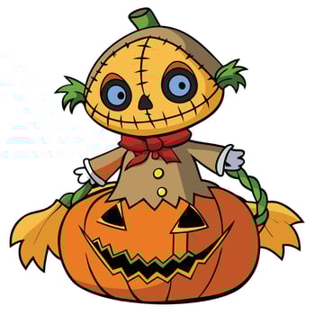 Cute cartoon halloween scarecrow character riding a smiling jack o lantern vector