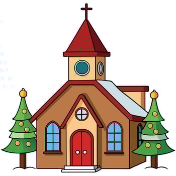 Cartoon church building with christmas trees holiday celebration illustration vector