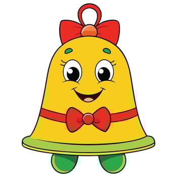 Cute cartoon christmas bell with bow decoration and smiling face character vector