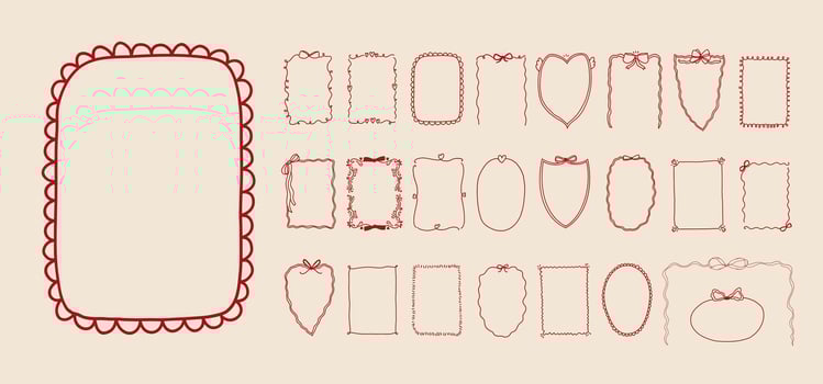 Set of doodle border ribbon bow frame design. Vintage line art corner sketch. Hand drawn coquette trendy cute wedding, menu, birthday invitation border card template outline illustration vector