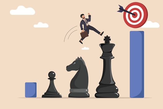 Strategic Moves Achieving Business Goals a Strategic Journey to Hit the Target and Climbing the Ladder of Success with Calculated Steps. vector