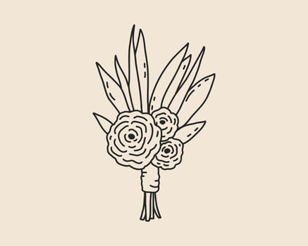 Line art flower wedding bouquet on background. Floral leaf plant sketch. Hand drawn spring vintage bouquet outline illustration vector