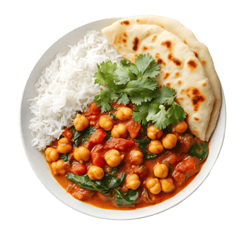 Overhead Shot of Chickpea Curry Rice and Naan Bread on a White Plate Isolated Against a Transparent Background png