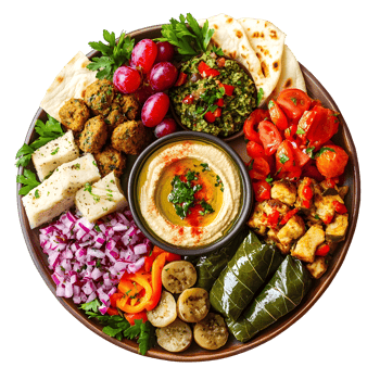 Overhead View Of A Colorful Mediterranean Mezze Platter With Hummus Falafel Grapes Tomatoes And Bread On Transparent Background png