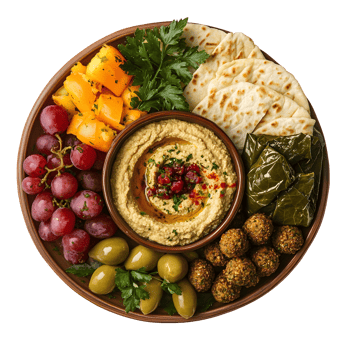Overhead View of Hummus with Grapes Olives Falafel and Pita Bread on Wooden Plate png