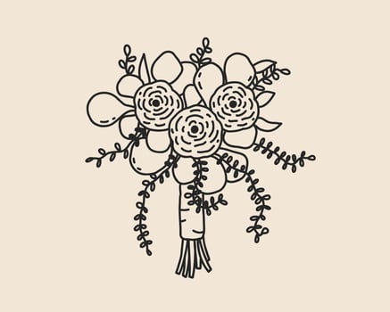 Line art flower wedding bouquet isolated on background. Floral leaf plant sketch. Hand drawn spring vintage bouquet outline illustration vector