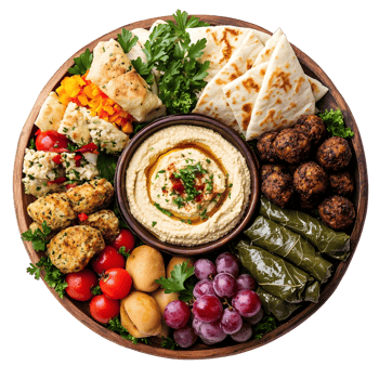 Overhead View of a Wooden Platter Featuring an Array of Middle Eastern Dishes Including Hummus Falafel Pita Bread Grapes and Tomatoes png