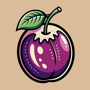 Vibrant Plum Illustration with Leaf and Stem on Beige Background vector