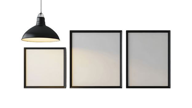 Modern gallery wall mockup with pendant lamp shining on three framed art spaces png