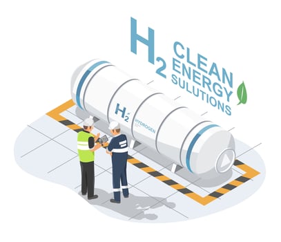 Engineers inspecting hydrogen storage tank at a clean energy facility ensuring safety and promoting sustainable fuel solutions isometric isolated vector