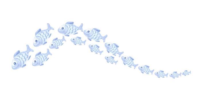 Flock of blue fish in wave shape watercolor illustration for kids design. Hand drawn isolated of cute marine swimming animal characters. Underwater ocean inhabitants in cartoon style for baby textile. png
