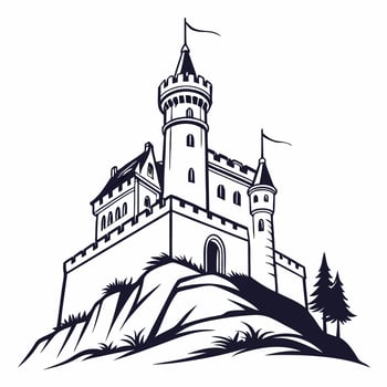 Medieval Castle Illustration Monochrome , Hilltop Fortress. vector