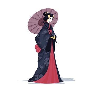 Geisha in kimono with umbrella in flat design. Woman in japanese traditional dress. illustration isolated. vector