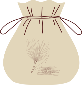 This image shows a simple beige spice bag decorated with a saffron plant design and tied with brown twine. png