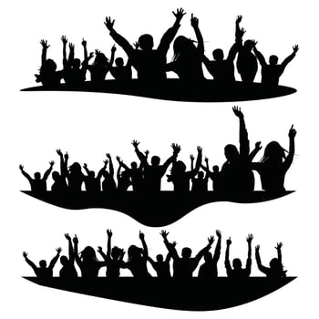 Cheerful Crowd of People Silhouette, Happy Young Party Group Cheering at Concert or Sport Event Set vector