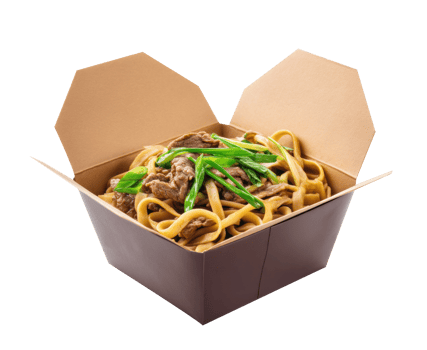 Savory beef lo mein in a takeout container ready to enjoy png