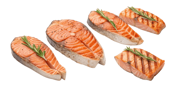 Grilled salmon steak with fresh rosemary garnish looks delicious and healthy with vibrant salmon color and appetizing texture png